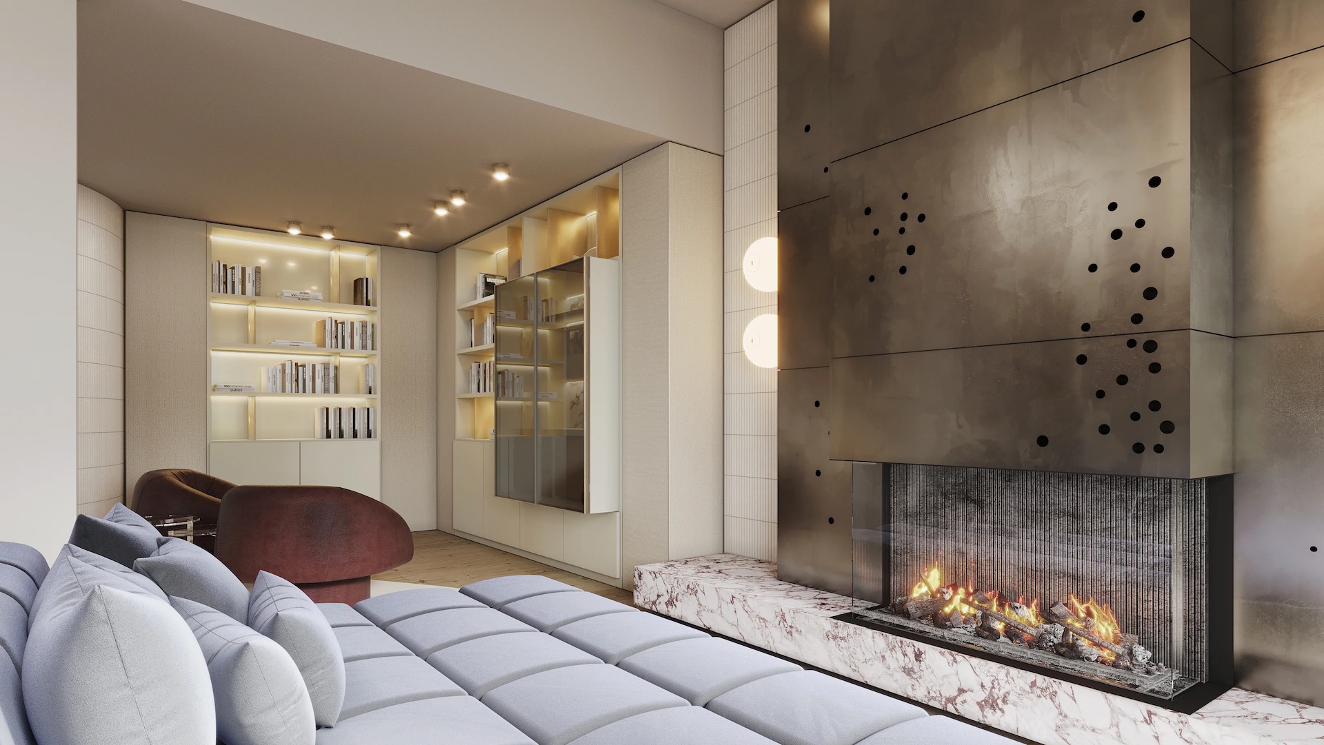 Treutlein Interior Design: gemütliches Wohnzimmer mit offenem Bücherregal und Loungemöbeln
